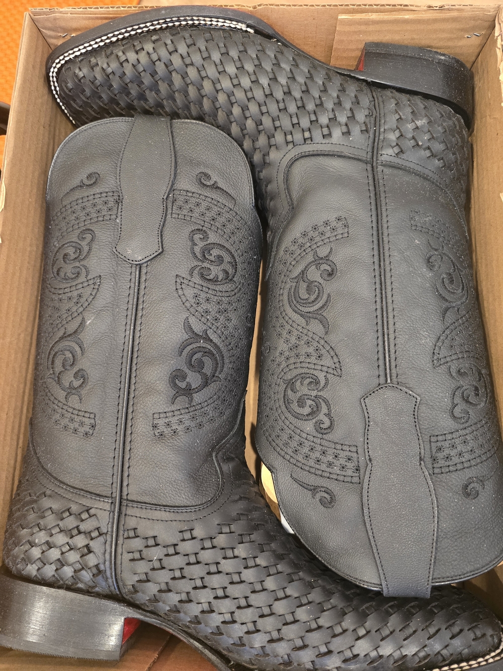 Black Woven Western Cowboy Boots - Embroidered Shaft